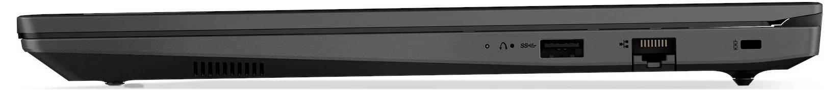 Ein schwarzer Laptop von der Seite, der Anschlüsse wie USB, HDMI und Ethernet zeigt, mit einer Netzteil-Kontrollleuchte und Belüftungsschlitzen.