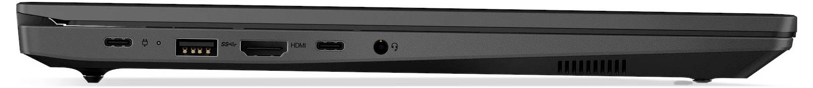 Ein geschlossener schwarzer Laptop, der die Seitenanschlüsse zeigt: USB, HDMI und Kopfhörerbuchse.