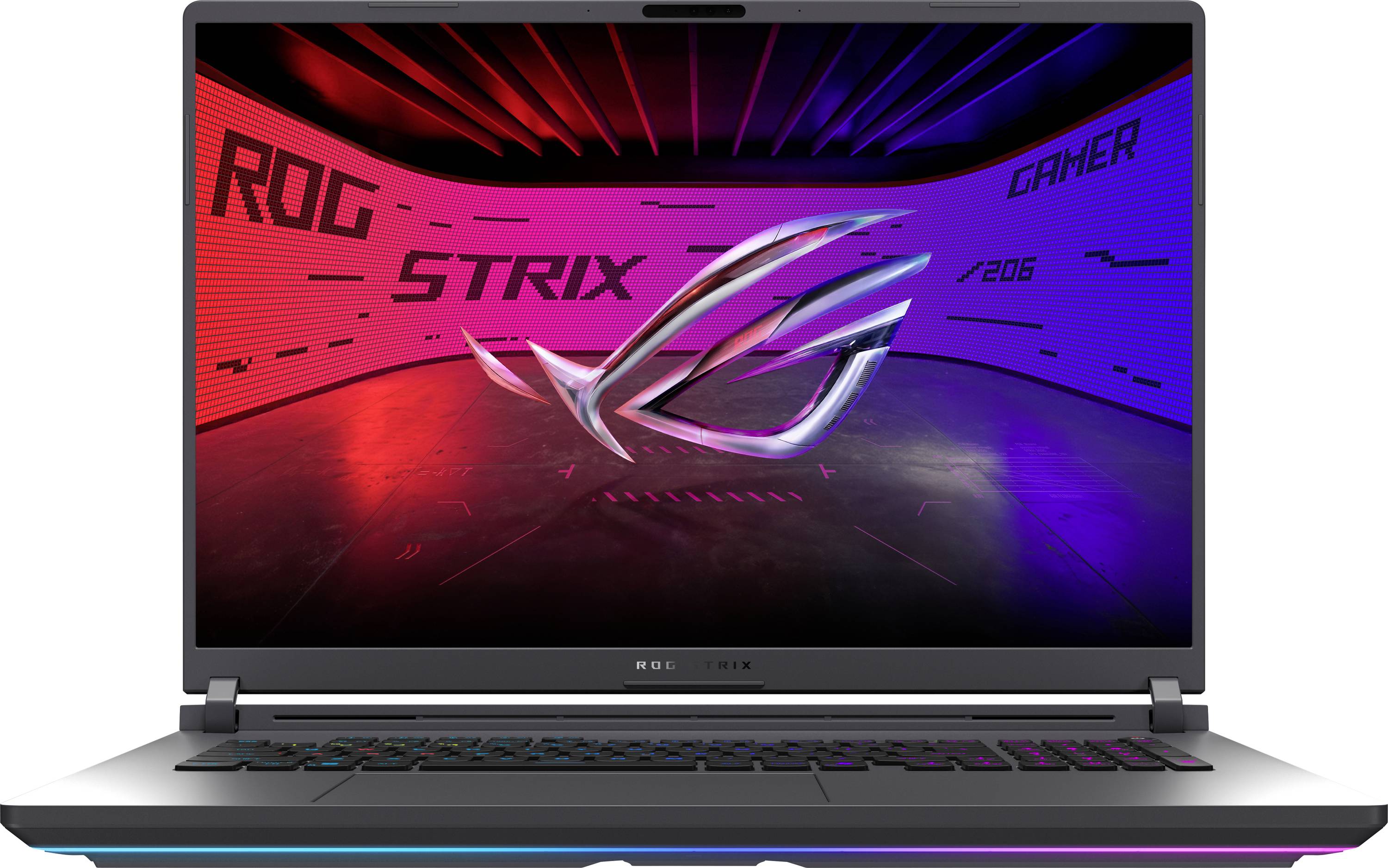 Ein Laptop-Bildschirm, der ein 'ROG Strix' Logo mit einem futuristischen rot-blauen Gaming-Hintergrund und dem Wort 'Gamer' zeigt.