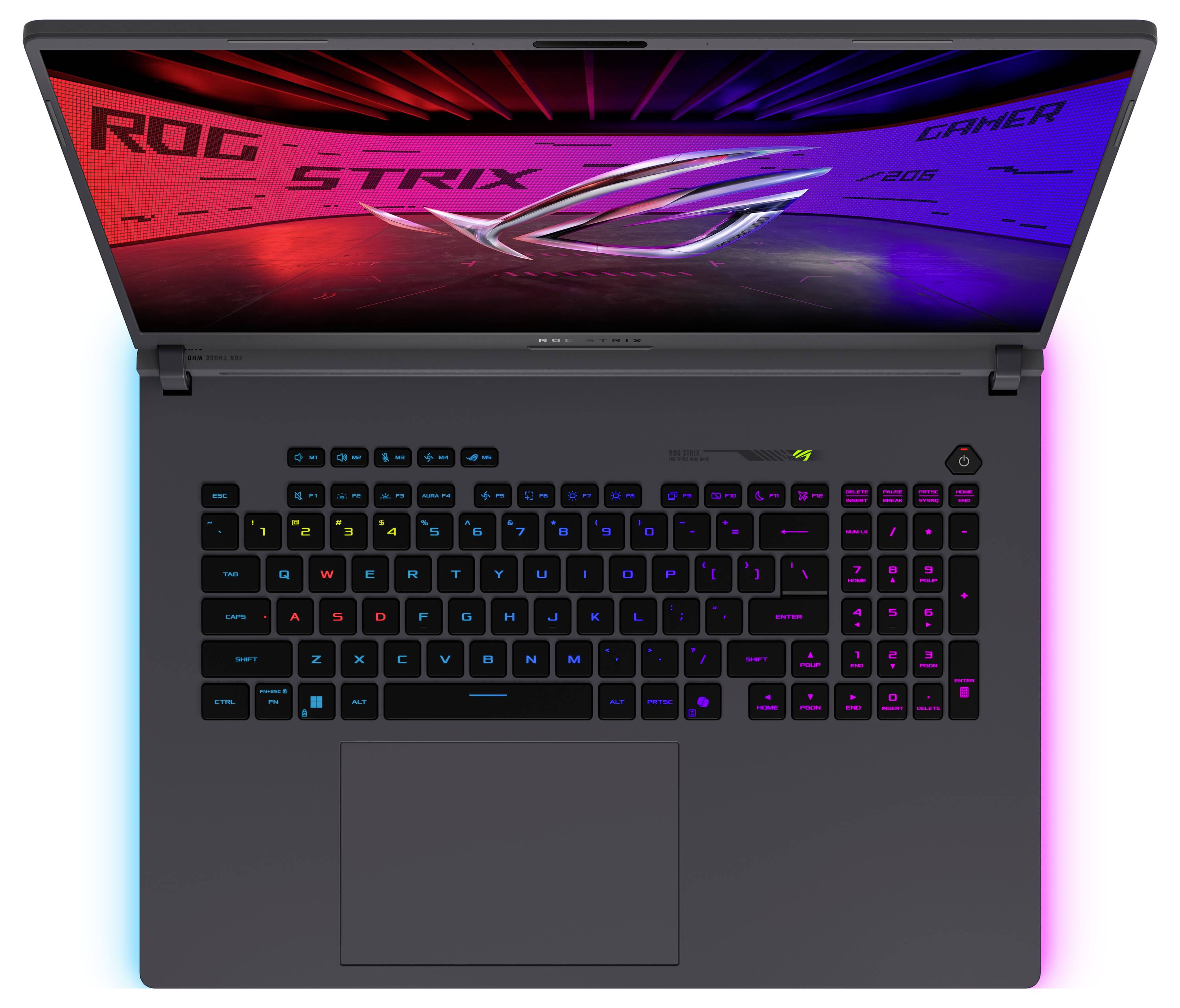 Ein Gaming-Laptop mit einer beleuchteten Tastatur mit RGB-Beleuchtung. Der Bildschirm zeigt den Text „ROG STRIX GAMER