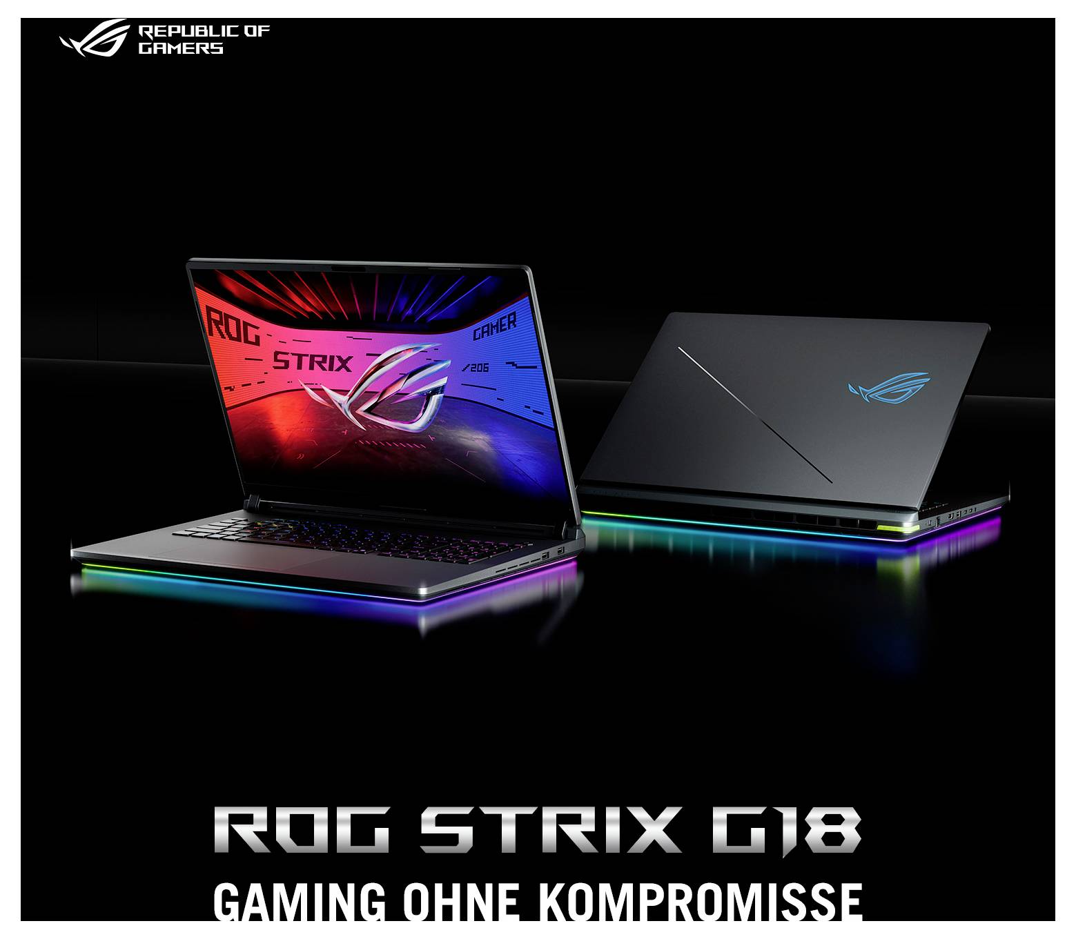 Zwei ROG Strix G18 Laptops werden präsentiert, einer geöffnet mit einem farbenfrohen Bildschirm und der andere geschlossen. Der Text lautet „Gaming ohne Kompromisse