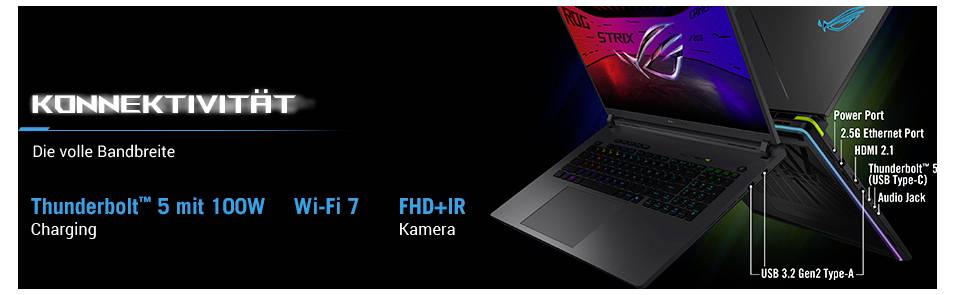 Konnektivität hervorgehoben: Thunderbolt™ 5 (100W) Ladung, Wi-Fi 7, FHD+IR-Kamera, HDMI 2.1, Stromanschluss, Ethernet, Audioausgang.