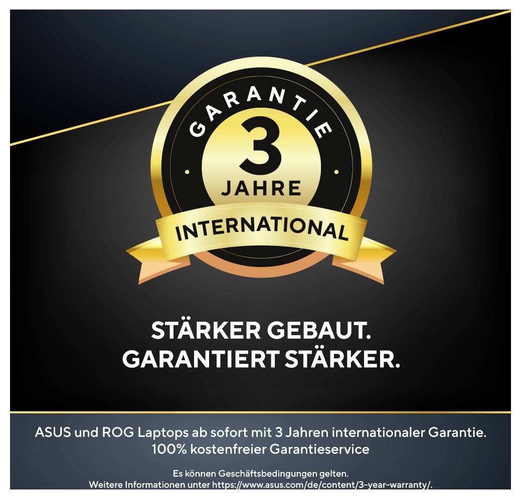 'Garantie 3 Jahre International' Plakette mit Text darunter: 'Stärker gebaut. Garantiert stärker.' Über einem schwarzen Hintergrund mit ASUS Garantiedetails auf Deutsch.