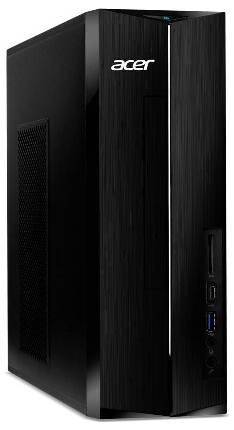 Ein schwarzer Acer Desktop-Computerturm mit elegantem Design, USB-Anschlüssen und einem Lüftungspanel an der Seite, geeignet für Büro- oder Heimanwendungen.