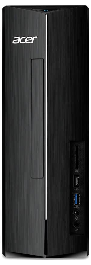 Ein schlanker, schwarzer Acer Desktop-Tower mit vertikalem optischen Laufwerk, USB-Anschlüssen und Audioports an der Vorderseite, auf dem das Acer-Logo zu sehen ist.
