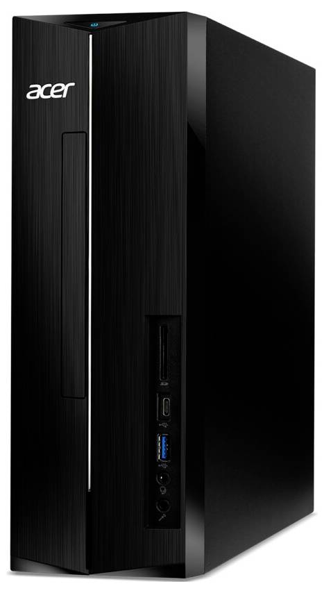 Ein schlanker, schwarzer Acer-Desktop-Computerturm mit vertikaler Bauweise, ausgestattet mit USB-Anschlüssen und einem Disc-Laufwerk auf dem Frontpanel.