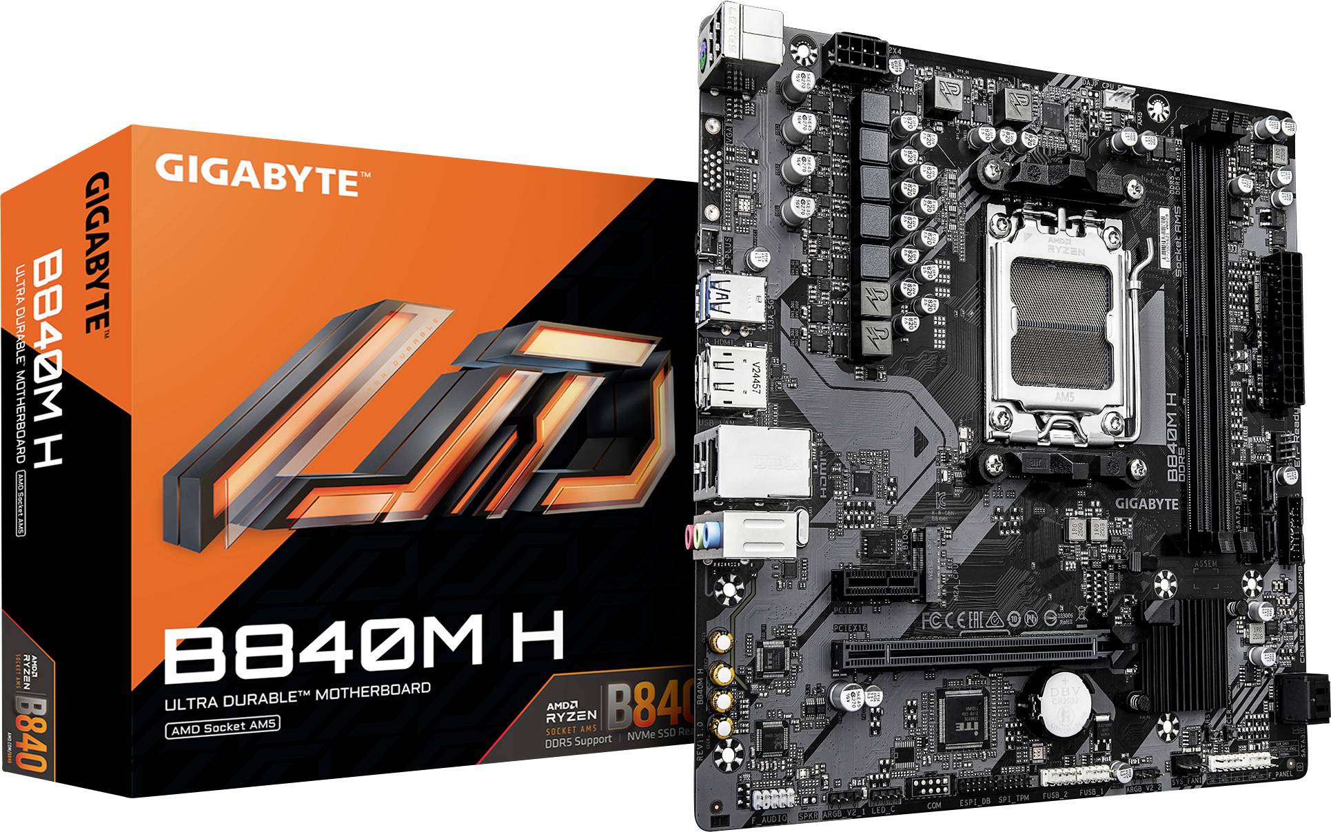 Gehäuse und Mainboard mit 'GIGABYTE B840M H' Branding. Merkmale beinhalten einen LGA-Sockel, RAM-Steckplätze und verschiedene Anschlüsse für den Computeraufbau.
