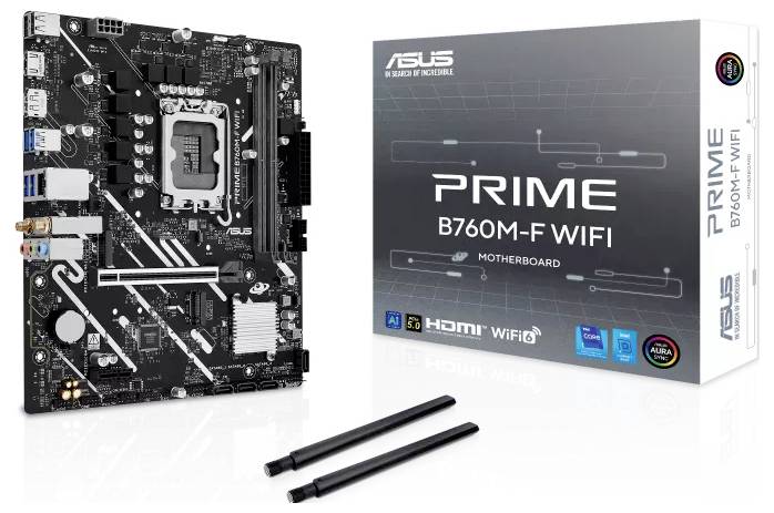 Mainboard mit der Bezeichnung 'ASUS PRIME B760M-F WIFI' neben seiner Verpackungsbox. Zu den Merkmalen gehören WLAN-Unterstützung und HDMI-Konnektivität.