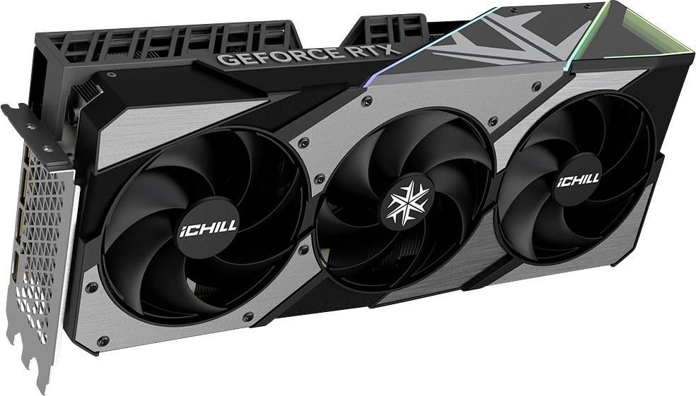Eine Grafikkarte mit drei Kühlventilatoren und den Logos 'GEFORCE RTX' und 'iCHILL', die ein modernes Design mit kantigen Linien aufweist.