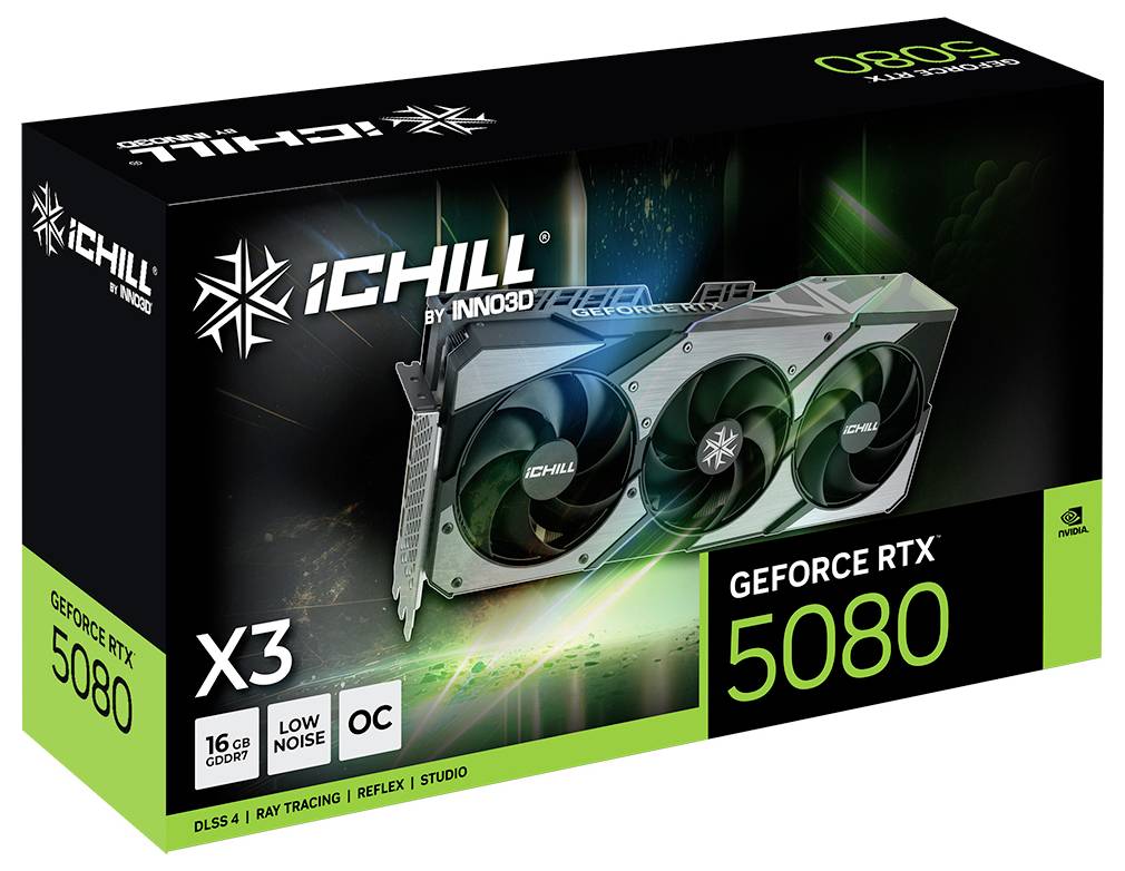'iChill GeForce RTX 5080' Grafikkarte in einer Verpackung mit drei Kühlventilatoren dargestellt. Merkmale: DLSS 4, Raytracing, geräuscharm, übertaktet.