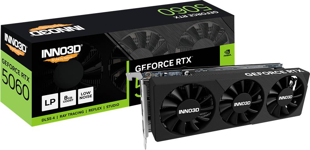 Grafikkarte mit drei Lüftern neben ihrer Verpackungsbox. Die Box hebt 'INNO3D', 'GEFORCE RTX 5060' und Schlüsselmerkmale wie 'DLSS 4', 'Ray Tracing' und '8GB' hervor.