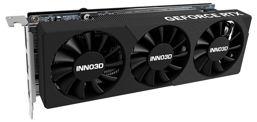 Eine schwarze Grafikkarte mit drei Kühlventilatoren, beschriftet mit 'INNO3D GEFORCE RTX'.