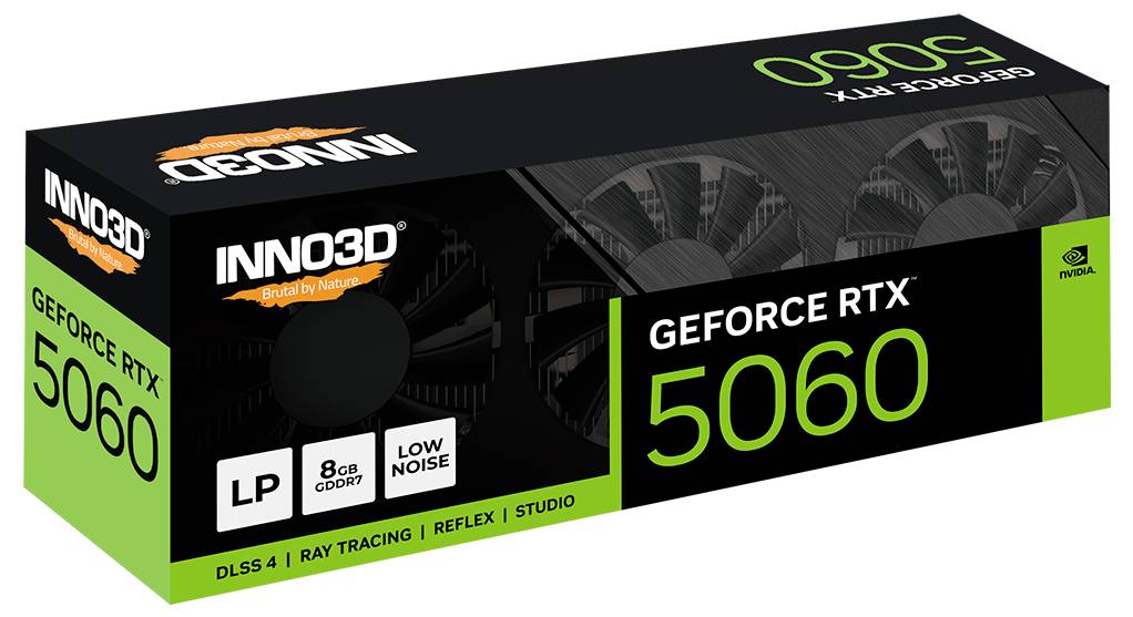 Eine schwarze und grüne Grafikkarten-Verpackung mit der Aufschrift 'INNO3D GeForce RTX 5060 LP' zeigt Spezifikationen wie 8 GB GDDR 6, DLSS 4, Ray Tracing und geräuscharme Kühlung.