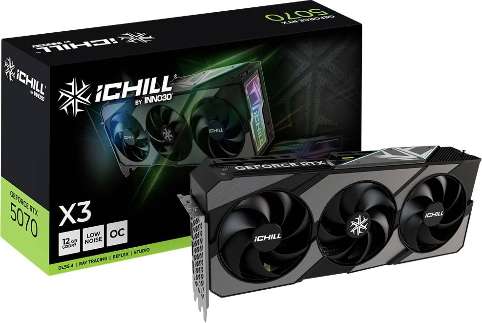 Inno 3D Grafikkarte Nvidia GeForce RTX 5070 INNO3D GeForce RTX™ 5070 iCHILL X3 12 GB GDDR7-VRAM HDMI® 2.1, DisplayPort NVIDIA G-Sync, Vulkan