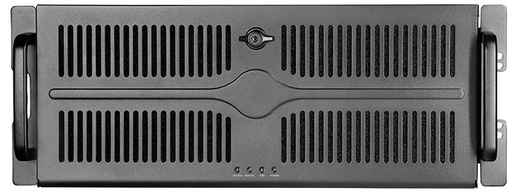 Ein schwarzes Server-Rack-Frontpanel mit vertikalen Lüftungsschlitzen, einem zentralen Schloss und Anzeigeleuchten nahe dem unteren Rand.