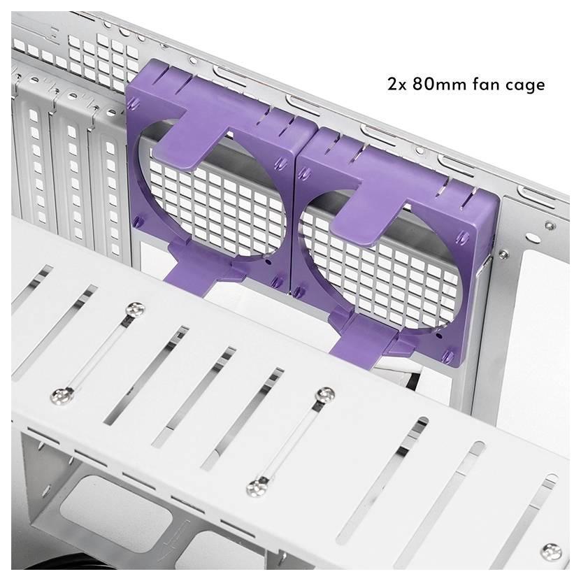 Computergehäuse-Innenraum mit zwei montierten 80-mm-Lüfterkäfigen in Lila, der die Belüftungsgestaltung und Installationsfläche beim Aufbau eines PCs veranschaulicht.