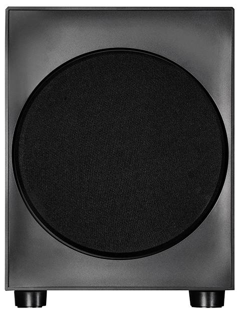 Ein schwarzer Subwoofer-Lautsprecher mit einem quadratischen Gehäuse und kreisförmiger Frontblende, entwickelt zur Verstärkung der Basswiedergabe in Audiosystemen.