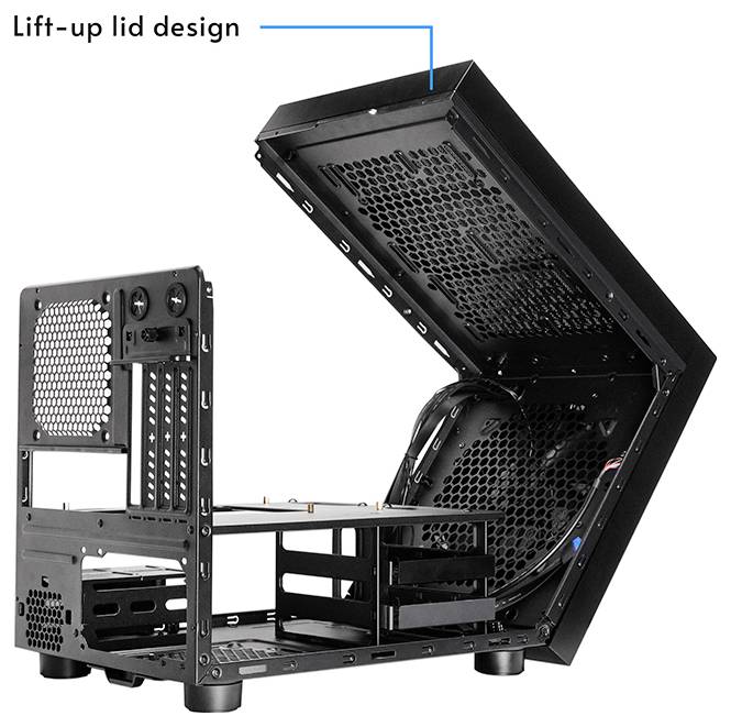 Geöffneter Computergehäuse mit seiner 'Hochklappbaren Deckeldesign', das einen einfachen Zugang zu internen Komponenten ermöglicht und innovative Zugänglichkeit hervorhebt.
