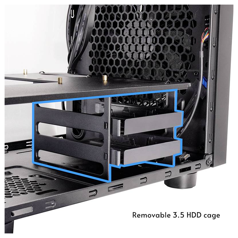 „Bild zeigt einen ausbaubaren 3,5-Zoll-Festplattenhalter im Inneren eines Computergehäuses, der für einfachen Zugang und Installation von Festplatten konzipiert ist.