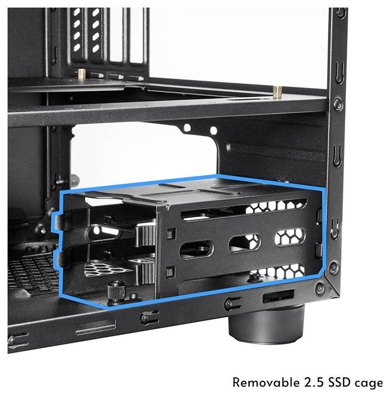 Herausnehmbarer 2,5-Zoll-SSD-Käfig in einem Computergehäuse, mit blauer Umrisslinie hervorgehoben. Bild zeigt die Position und Befestigungsart des Käfigs.