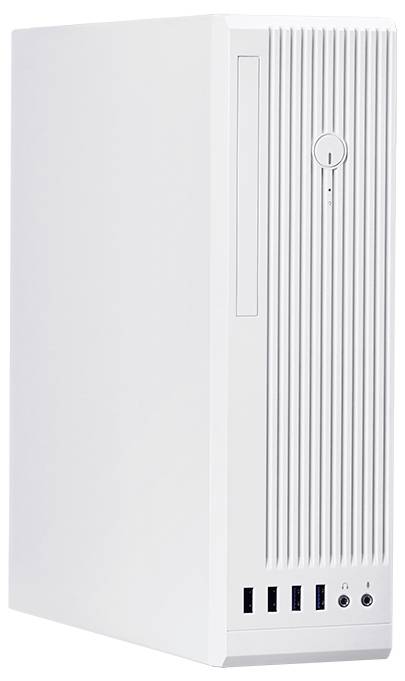 Ein weißer Desktop-Computerturm mit vertikalen Lüftungsschlitzen am Frontpanel neben einem Ein/Aus-Schalter und mehreren USB-Anschlüssen am unteren Rand.