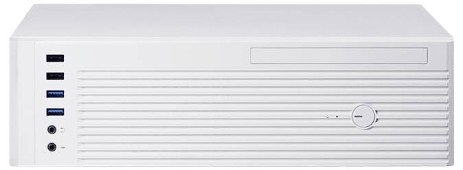 Ein weißer Desktop-Computertower mit vorderen USB-Anschlüssen, Kopfhörer- und Mikrofonanschlüssen sowie einem CD-Laufwerk auf der Oberseite.