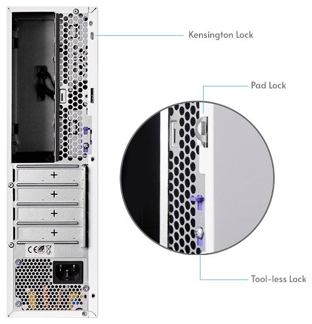 Bild eines Computergehäuse-Rückpanels mit Sicherheitsschloss-Funktionen: Kensington-Schloss, Vorhängeschloss und werkzeuglos verriegelbarer Schloss