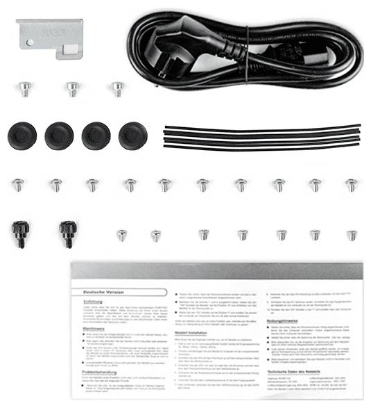 Setup-Kit mit Netzkabel, Schrauben, Kabelbindern, Wandhalterung und Montageanleitung zum Zusammenbau oder zur Installation von Geräten.