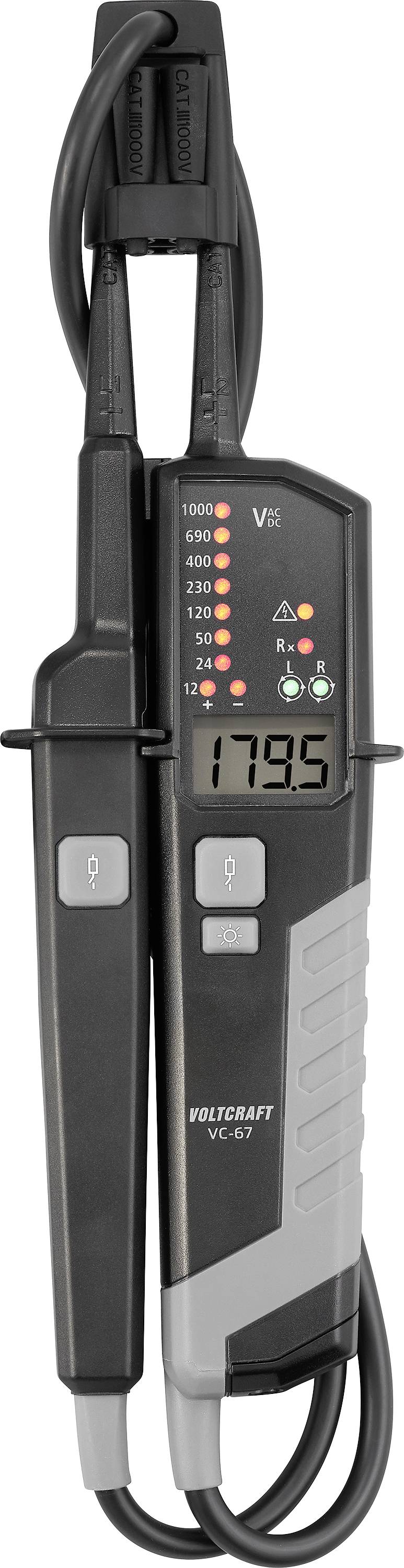 Voltcraft VC-63 Zangenprüfer mit Messleitungen, zeigt eine digitale Anzeige von 17.95 und LED-Indikatoren auf der Frontplatte.
