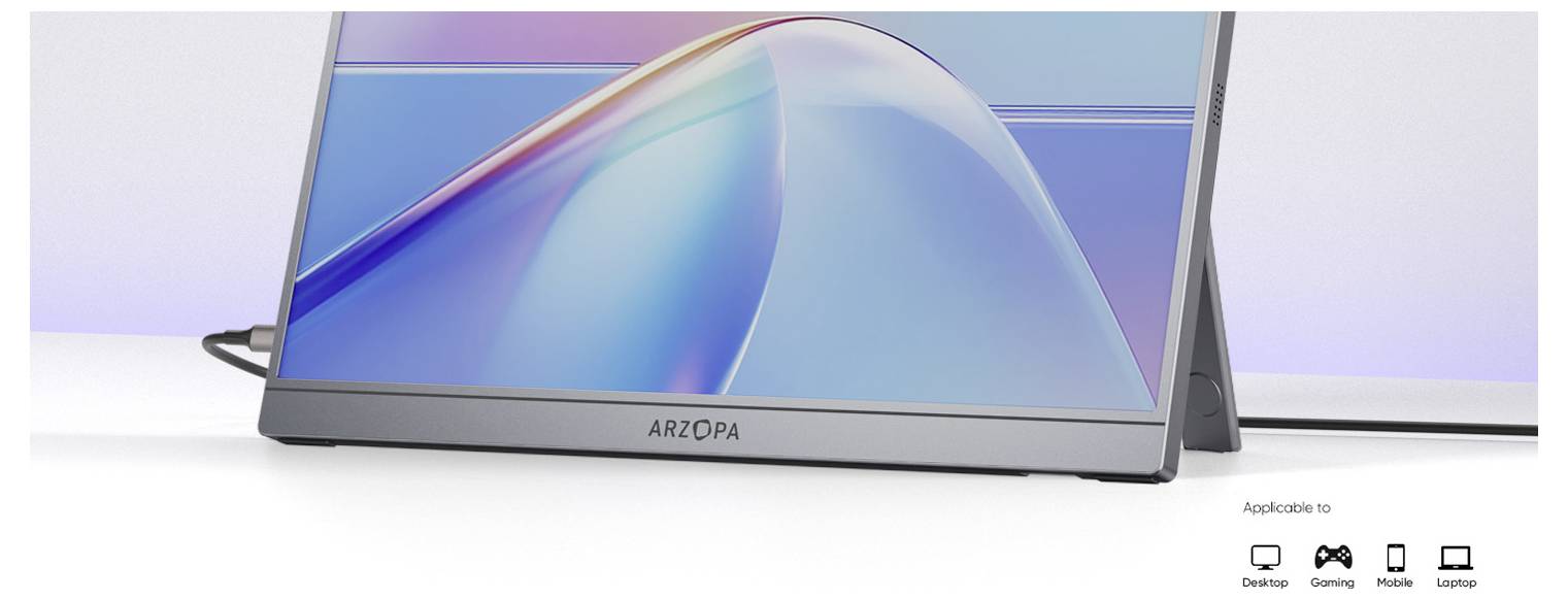 Ein schlanker ARZOPA Portablemonitor, der einen bunten Bildschirm zeigt und von einem Ständer gestützt wird. Icons unten deuten Anwendungen für Desktop, Gaming, Mobile und Laptop an.