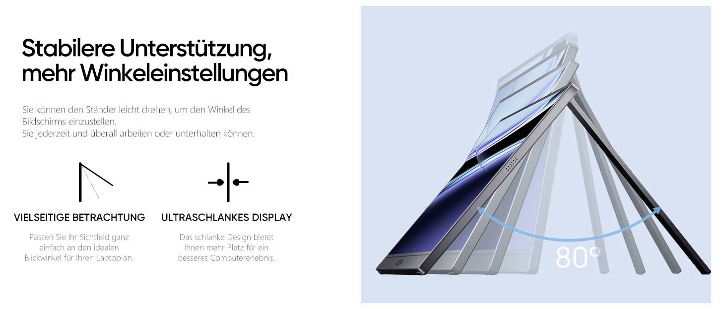 'Stabile Unterstützung, mehr Winkeleinstellungen' präsentiert ein Tablet mit verstellbaren Ständereinstellungen und veranschaulicht Vielseitigkeit und ultraflaches Design.