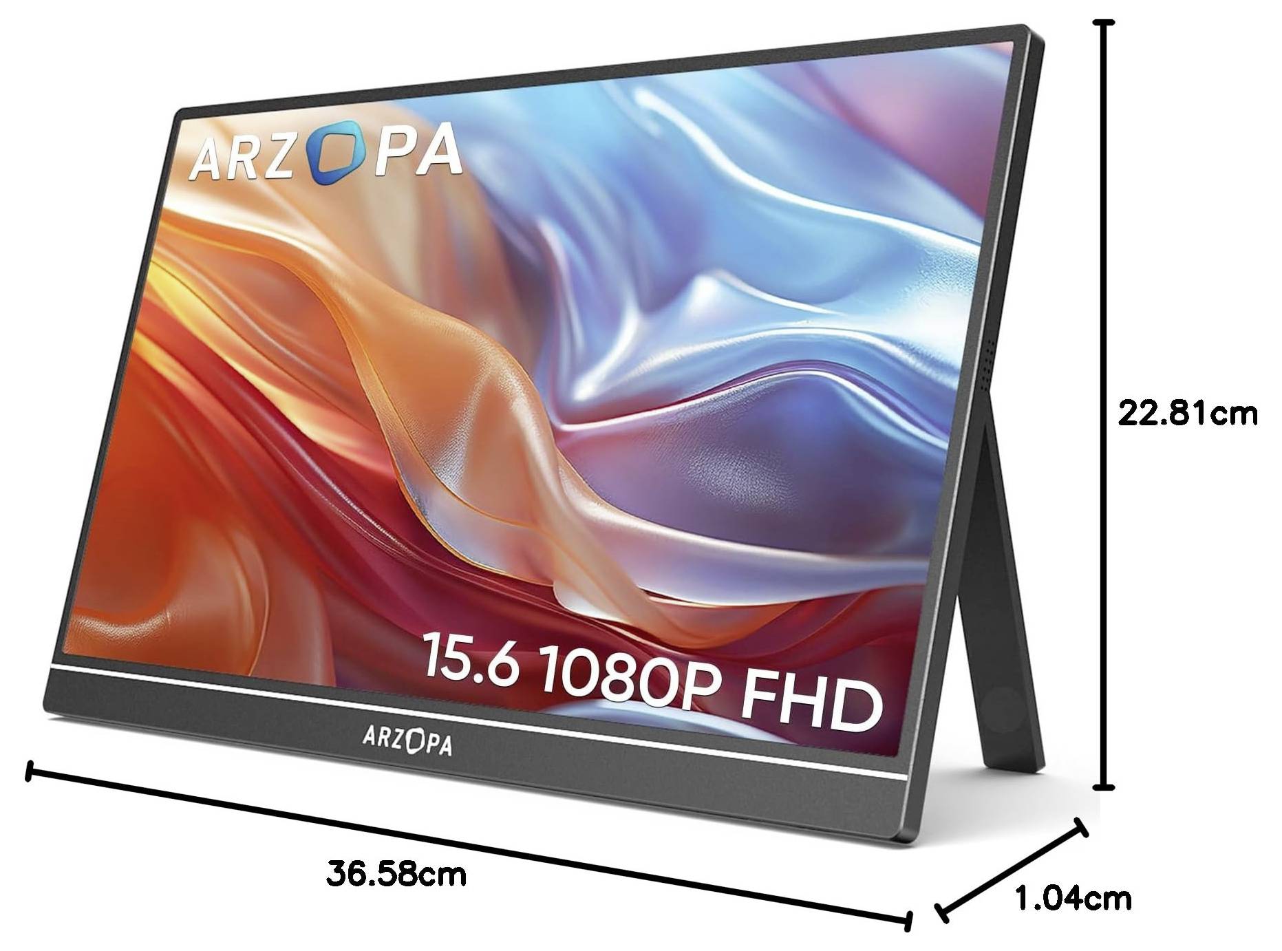 Ein tragbarer Monitor mit einem 15,6-Zoll-1080p-Full-HD-Display. Er verfügt über einen Ständer und hat Abmessungen von 36,58 cm x 22,81 cm x 1,04 cm.