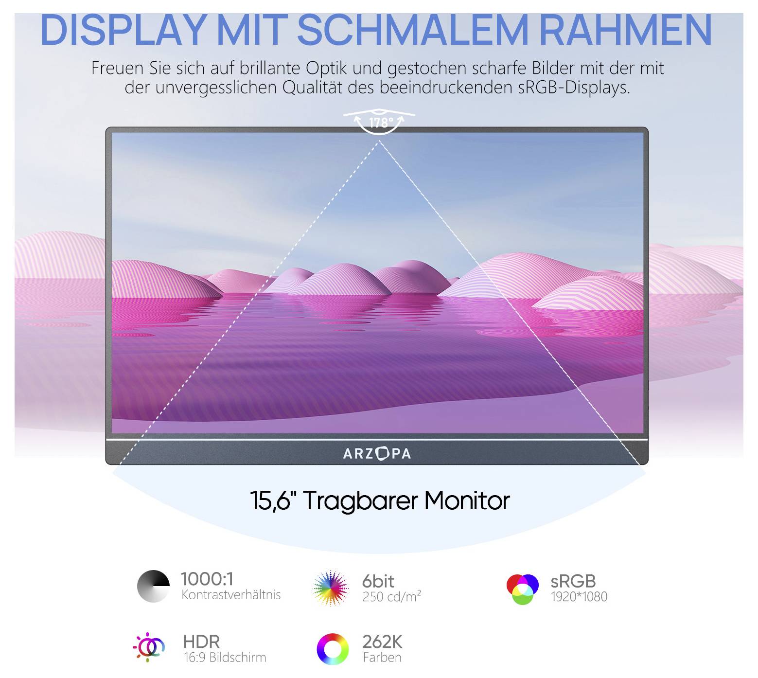 Ein tragbarer 15,6-Zoll-Monitor mit schmalen Bildrändern, einem Kontrastverhältnis von 1000:1, einer Farbtiefe von 6 Bit und einer sRGB-Auflösung von 1920x1080 für scharfe Bilder.