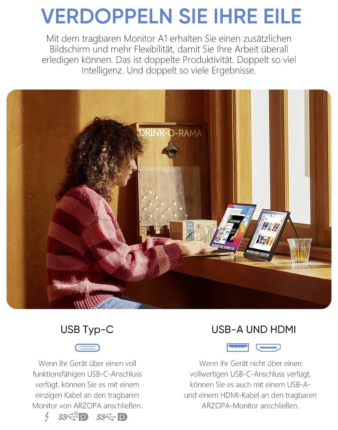 Eine Person verwendet einen ARZOPA-Monitor mit einem Laptop in einem Café und veranschaulicht die Flexibilität des Dual-Screen-Setups. Ausgestattet mit USB Typ-C, USB-A und HDMI.