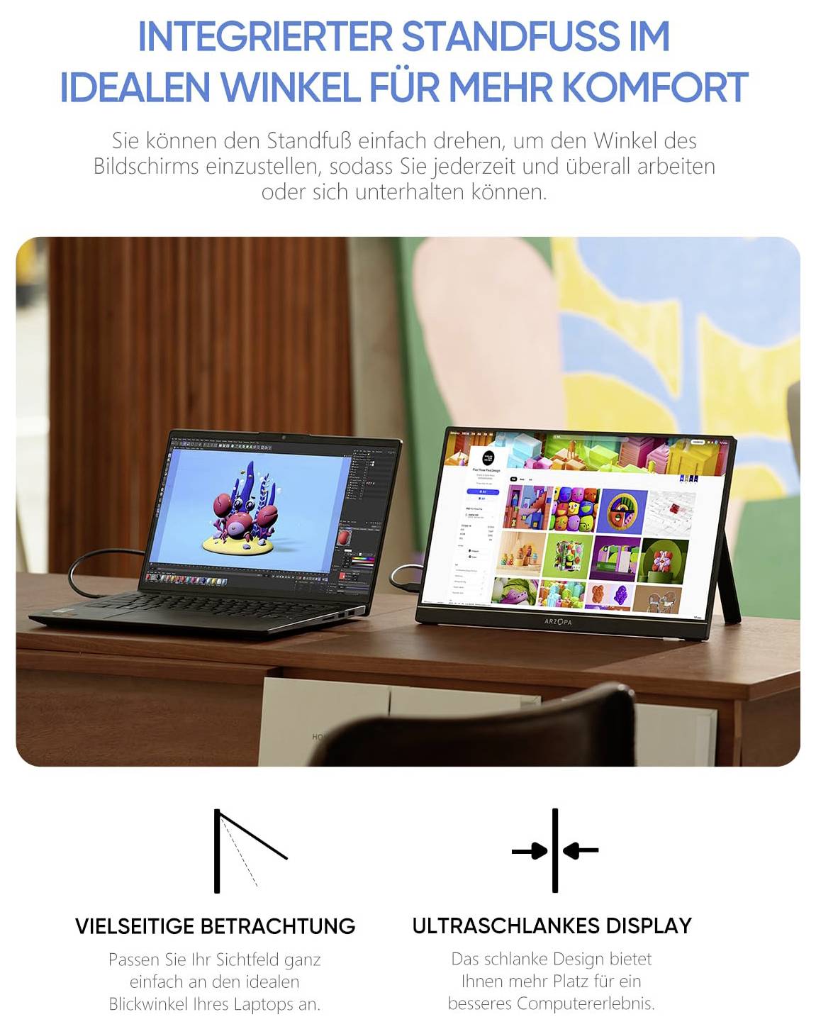 Laptops auf einem Schreibtisch mit Bildschirmen, die Grafikdesign-Software und eine App-Schnittstelle anzeigen. Der Text hebt den verstellbaren Ständer und das schlanke Design hervor.