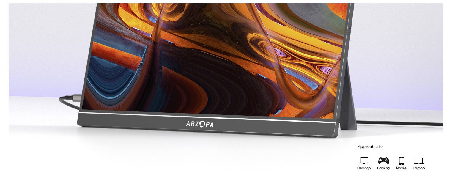 Ein tragbarer Monitor mit einer lebendigen abstrakten Anzeige steht auf einer weißen Oberfläche und zeigt wirbelnde Orange- und Violetttöne.