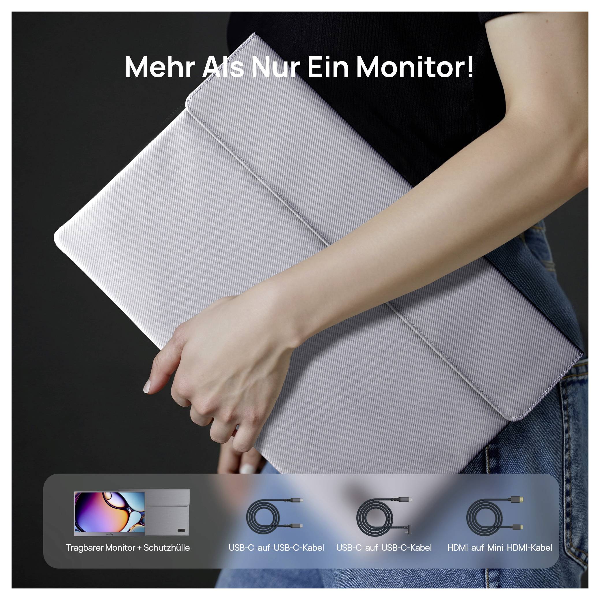 Eine Person trägt einen tragbaren Monitor unter dem Arm. Text liest sich: 'Mehr Als Nur Ein Monitor!' Darunter Abbildungen von Kabeln: USB-C zu USB-C, USB-C zu USB-A, HDMI.