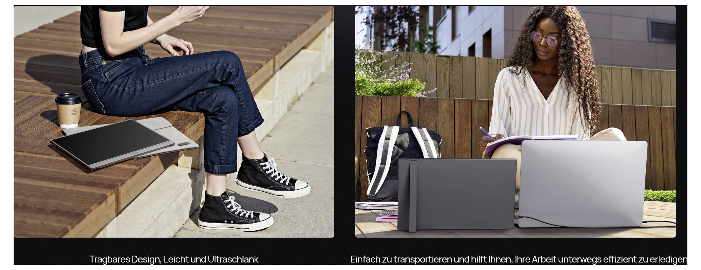 Linke Seite: Person sitzt mit Laptop und Kaffeetasse. Rechte Seite: Person studiert im Freien mit aufgeschlagenem Notizbuch und Laptop.