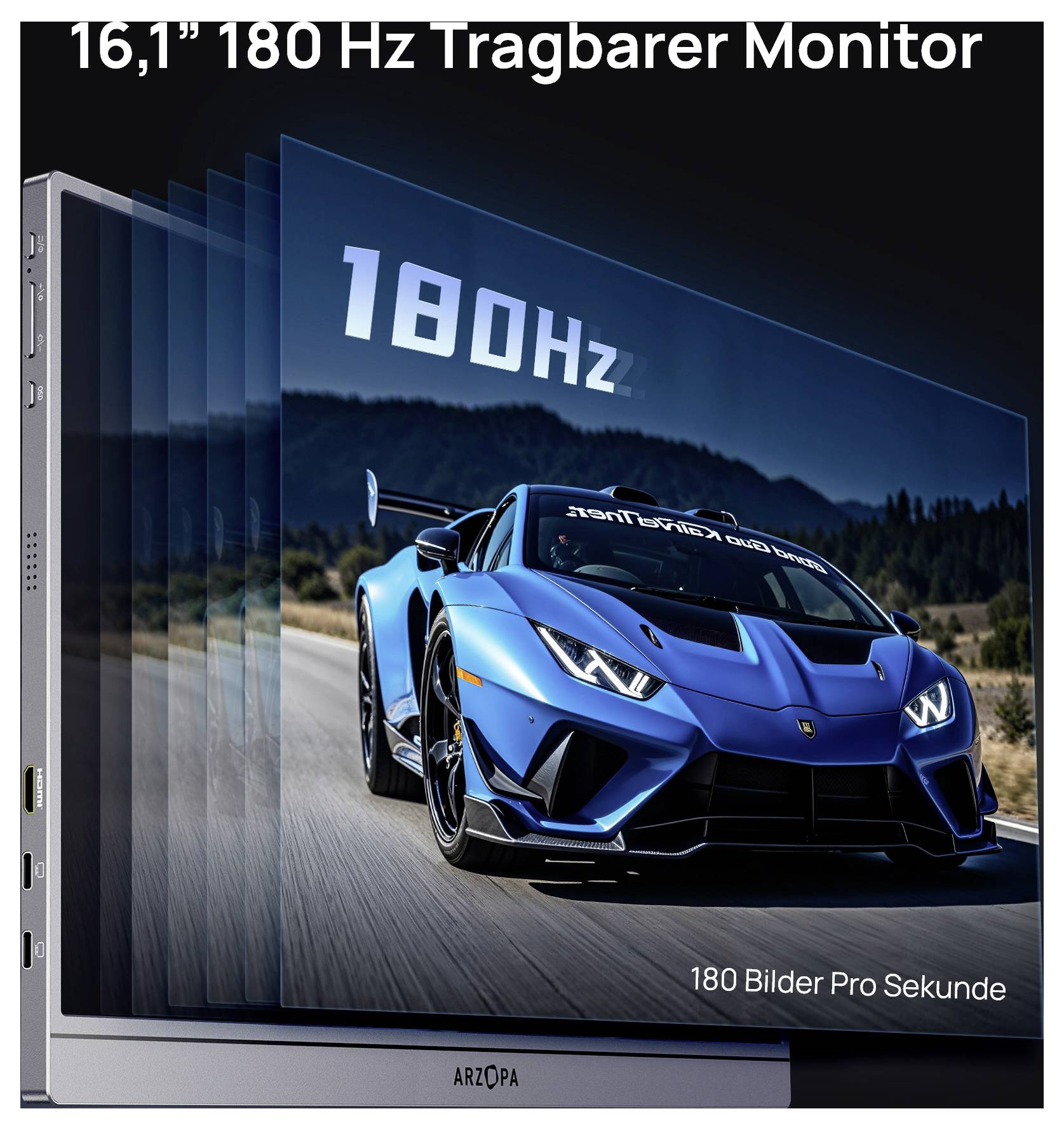 16,1" 180 Hz Tragbarer Monitor, der ein Auto zeigt, das auf einer Straße fährt und durch verwischte Bilder die hohe Bildwiederholrate verdeutlicht.