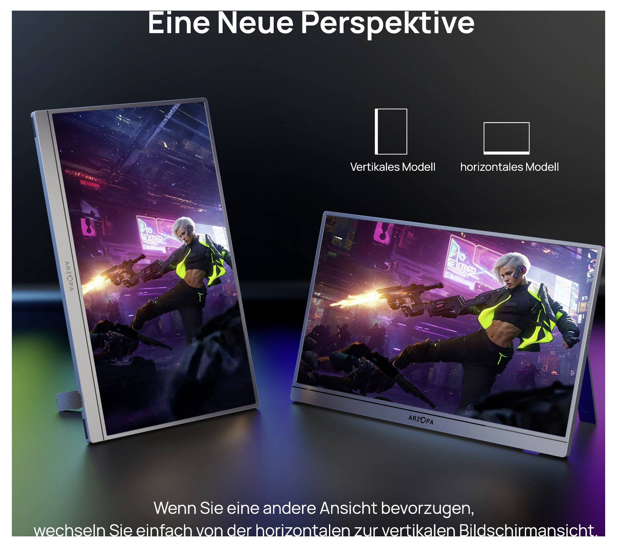Zwei Monitore, die eine Science-Fiction-Spielszene mit einer Figur zeigen, die Waffen hält. Ein Monitor ist vertikal, der andere horizontal. Text liest sich: 'Eine Neue Perspektive'.