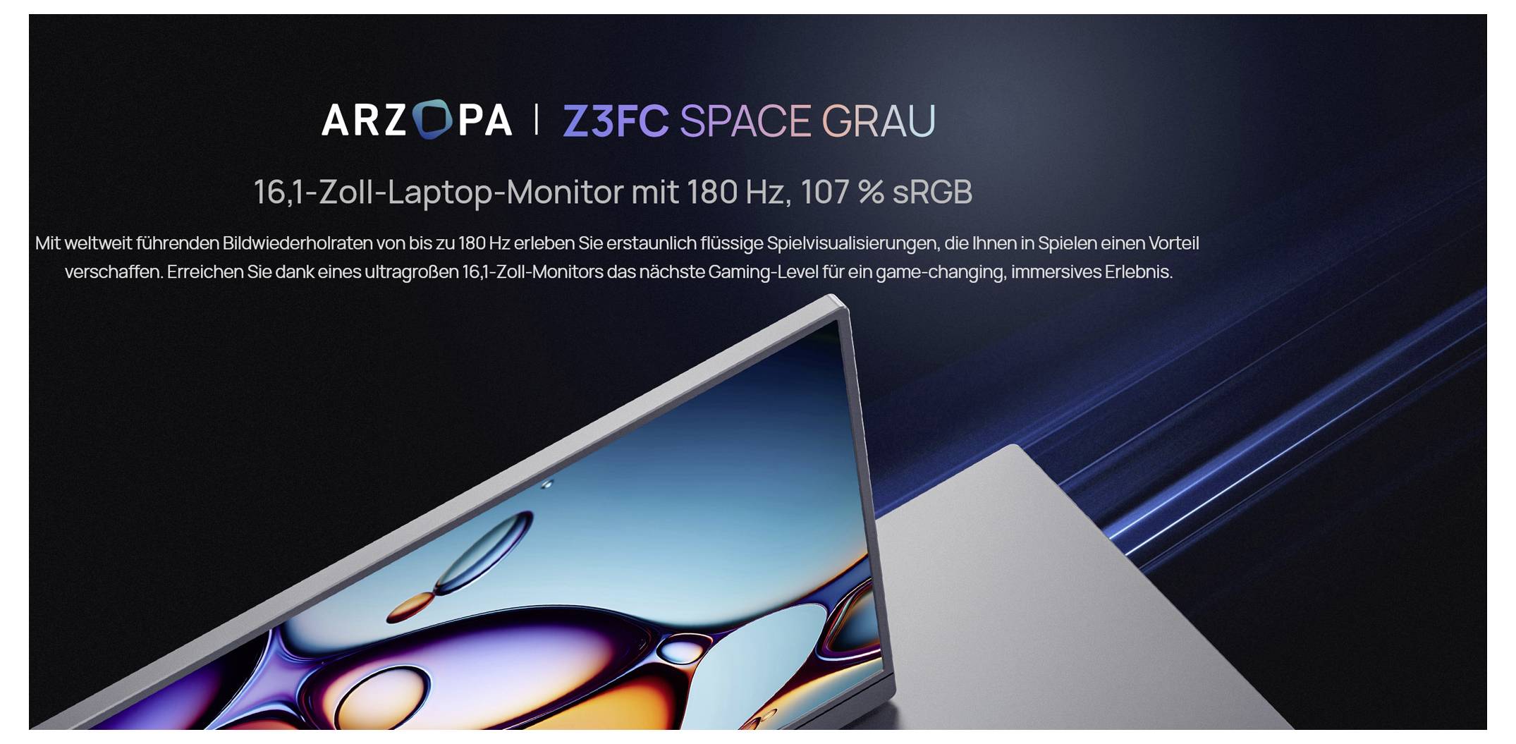 Das Bild zeigt eine Werbeanzeige für den 'ARZOPO Z3FC SPACE GRAU', einen 16,1-Zoll-Laptop-Monitor mit 180 Hz und 107% sRGB-Abdeckung.