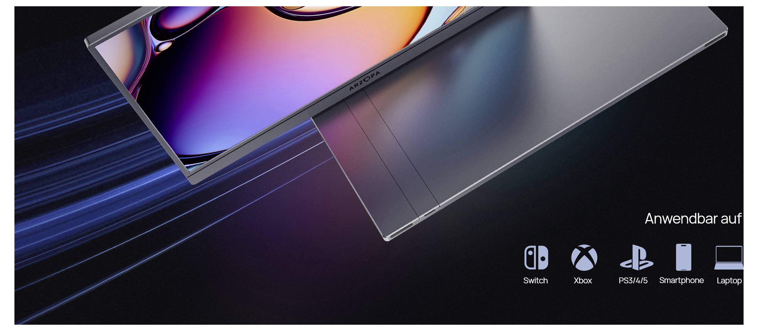 Ein Gaming-Monitor, teilweise gezeigt mit bunter Anzeige und elegantem Design. Kompatibel mit Switch, Xbox, PS4/5, Smartphone und Laptop.