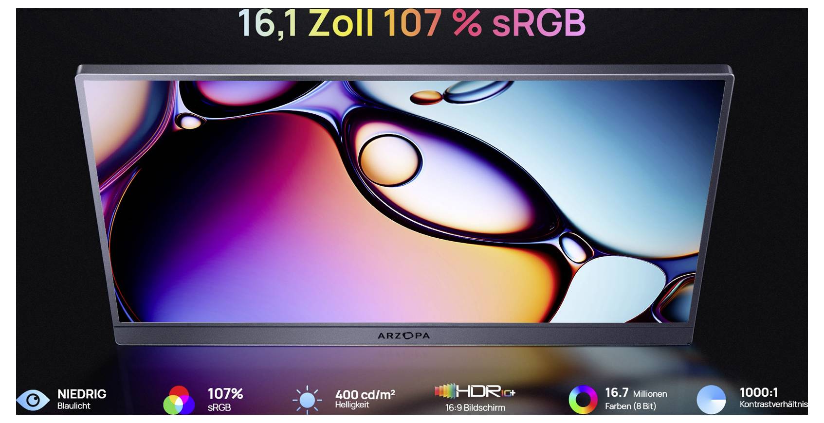 Ein Breitbild-Monitor mit 16,1 Zoll zeigt lebendige abstrakte Farben, bietet 107 % sRGB, reduziertes Blaulicht, HDR und 16,7 Millionen Farben.