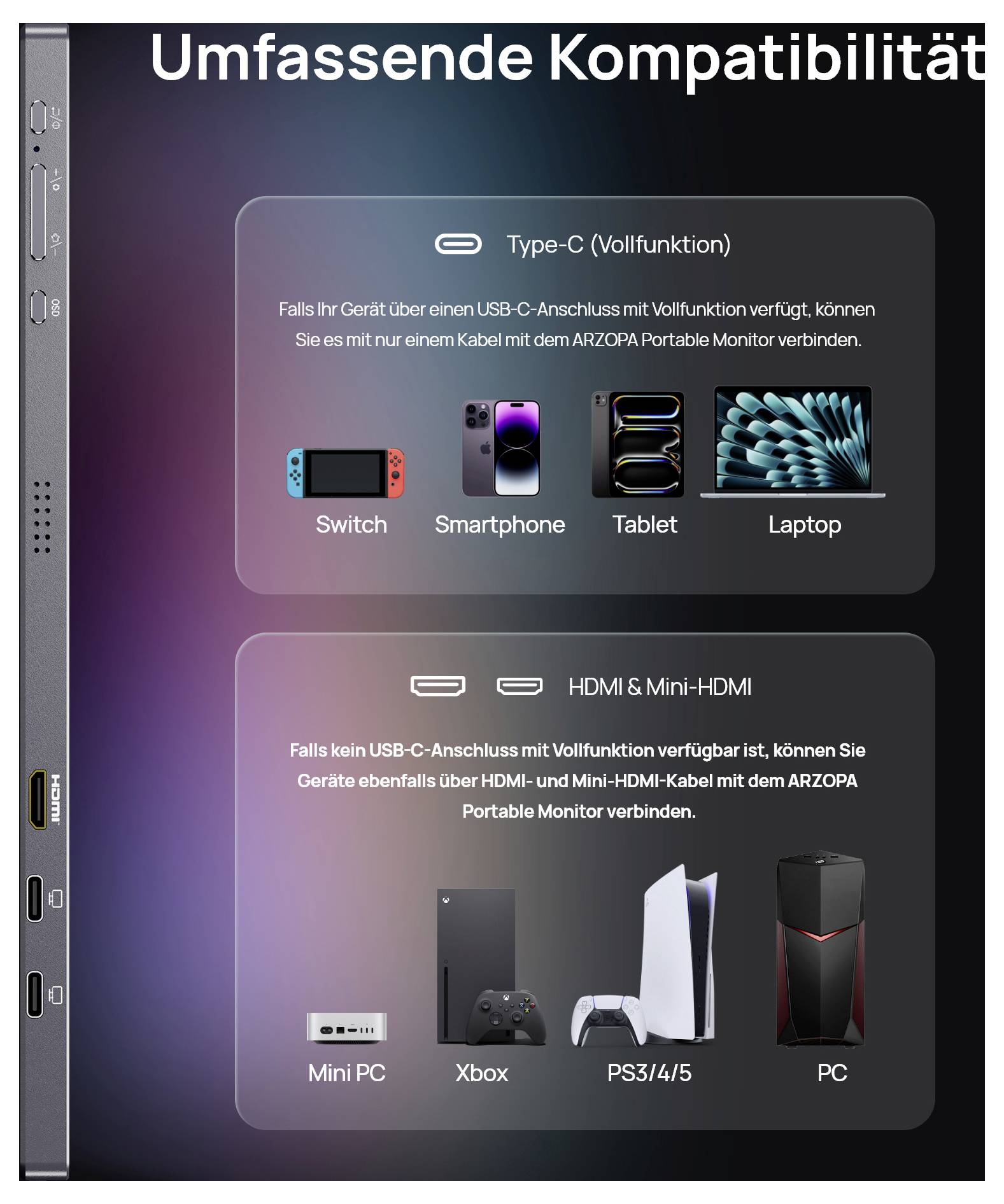 Kompatibilität mit mehreren Geräten: 'Switch', 'Smartphone', 'Tablet', 'Laptop', 'Mini PC', 'Xbox', 'PS3/4/5', 'PC', über Type-C, HDMI und Mini-HDMI Anschlüsse.