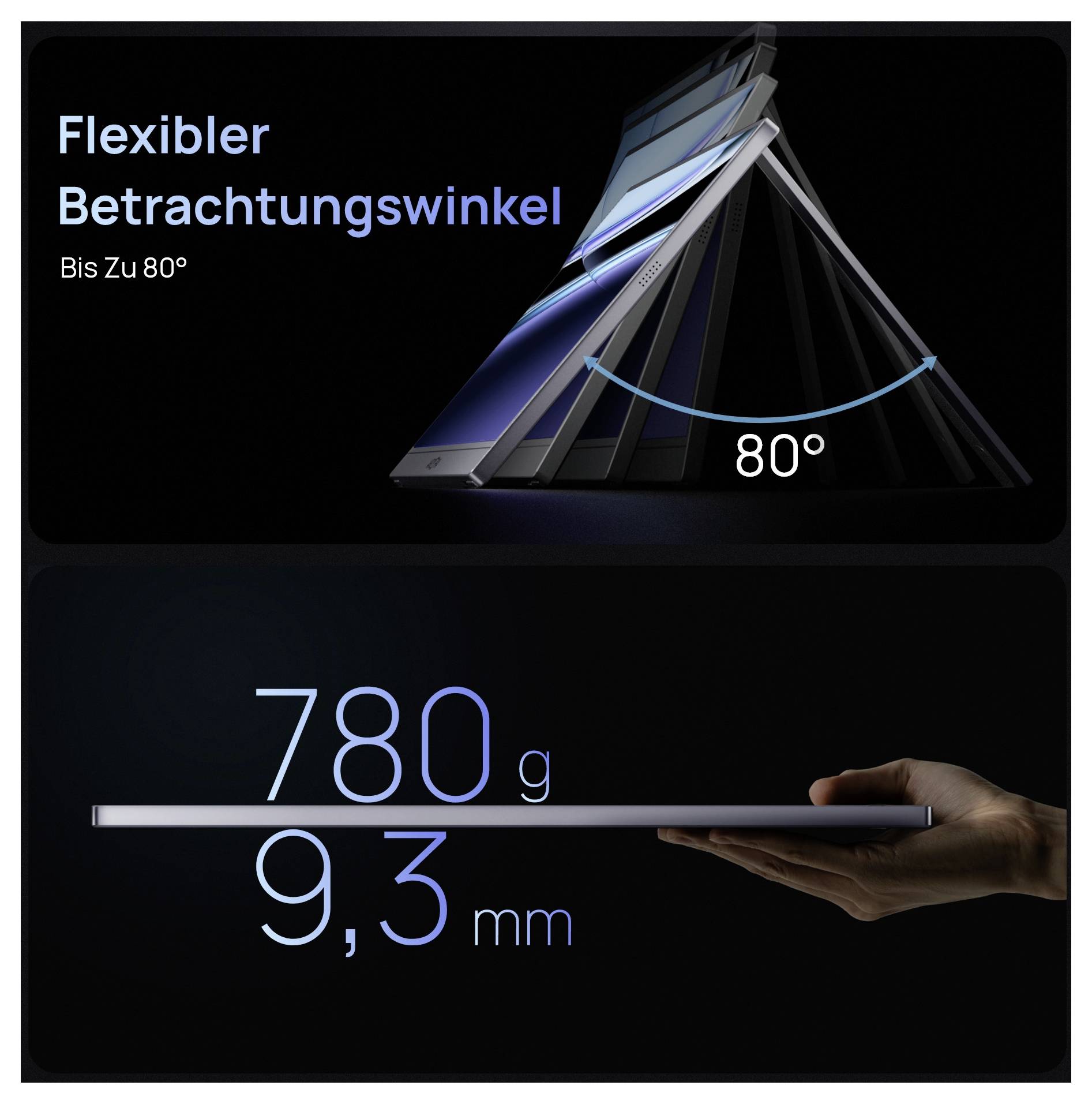 'Flexibler Betrachtungswinkel bis zu 80°' mit Darstellung der Bildschirm-Neigungsoptionen. Darunter Spezifikationen: '780g' Gewicht und '9,3mm' Dicke.