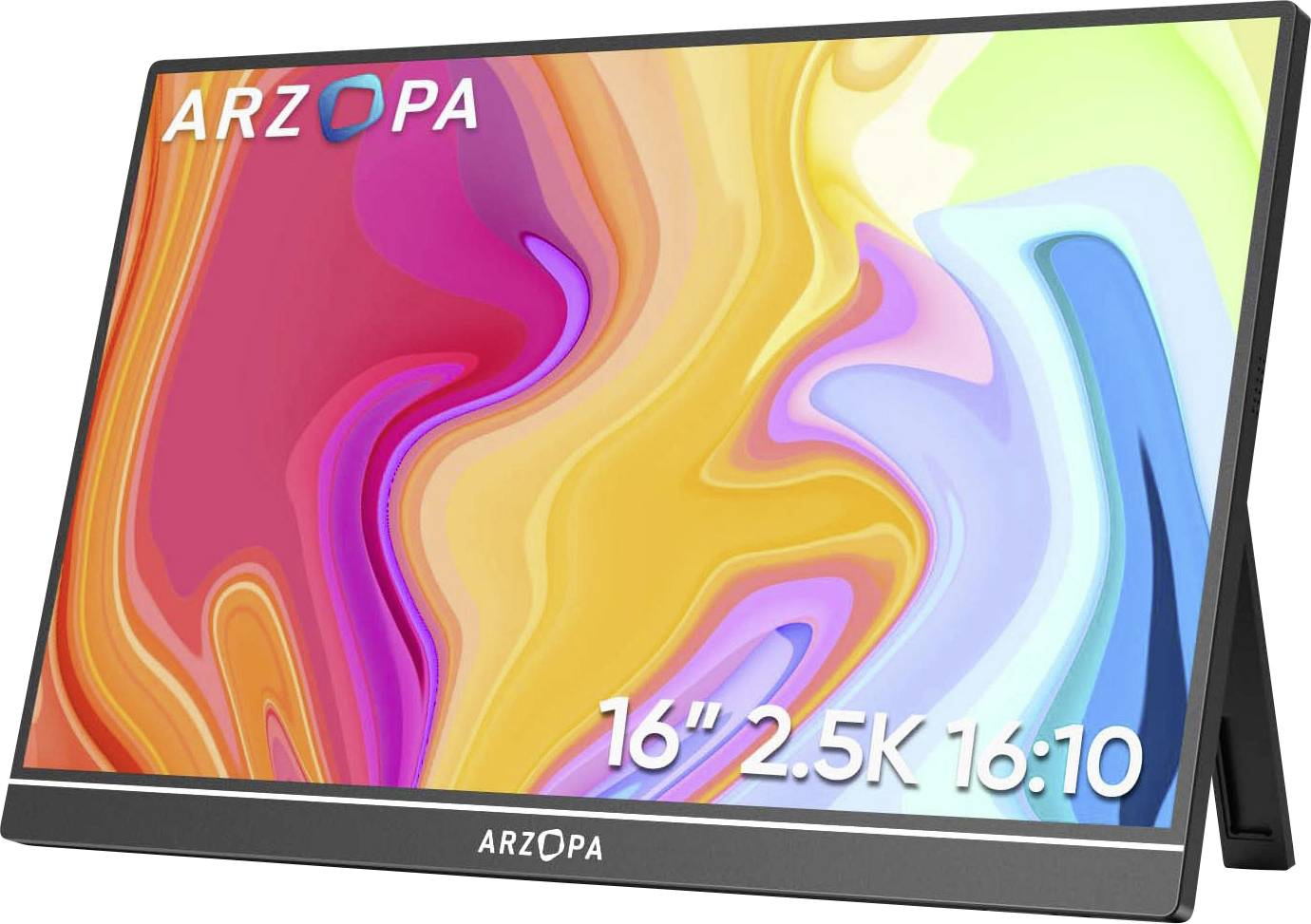 Tragbarer Monitor, der lebendige abstrakte Farben mit dem 'ARZOPA' Logo anzeigt. Text liest '16