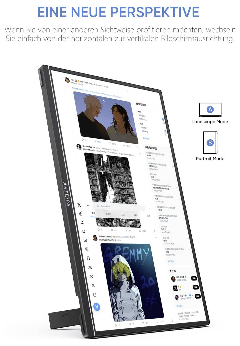 Ein Monitor zeigt einen Social-Media-Feed mit Text und Bildern. Die Bildschirmausrichtung wechselt von Querformat zu Hochformat. Deutscher Text über Perspektivwechsel.