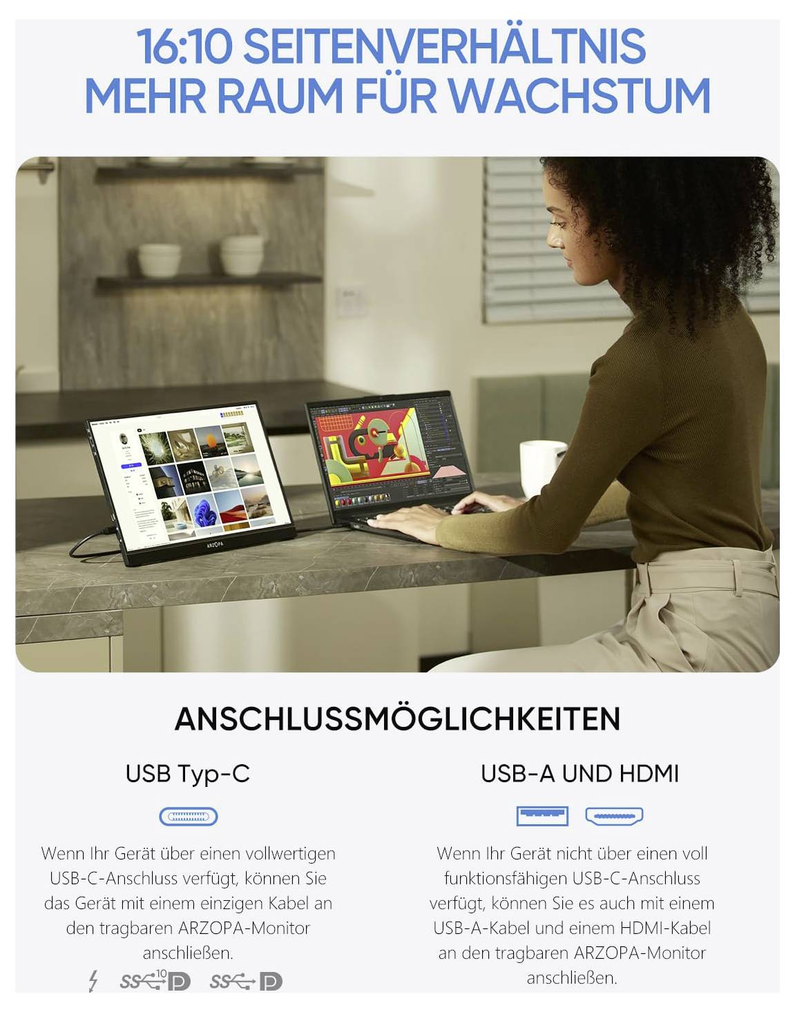 Eine Frau nutzt einen Laptop und einen externen Monitor nebeneinander. Der Text hebt Verbindungsoptionen über USB Typ-C und USB-A mit HDMI hervor.