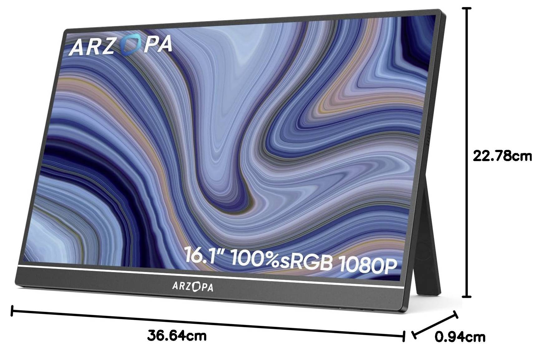 Tragbarer Monitor mit einem 16,1-Zoll-1080p-Bildschirm, der ein blaues und orangefarbenes abstraktes Design zeigt. Abmessungen: 36,64 cm x 22,78 cm x 0,94 cm.