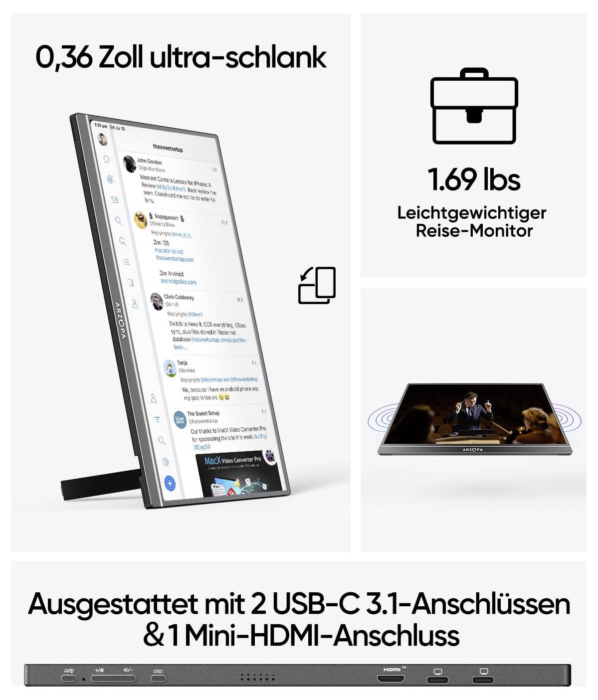 Ein leichter, ultraschlanker Monitor mit vertikaler Ansicht von sozialen Medien, der 0,77 kg wiegt. Ausgestattet mit zwei USB-C 3.1 Anschlüssen und einem Mini-HDMI-Anschluss.